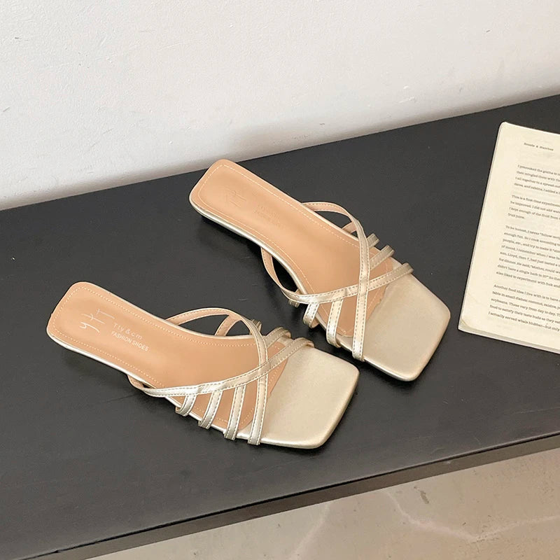 Women's Square Toe Cross Strap Heeled Slides | Summer Sandals Heeled Slide Sandals Axl Champagne 37