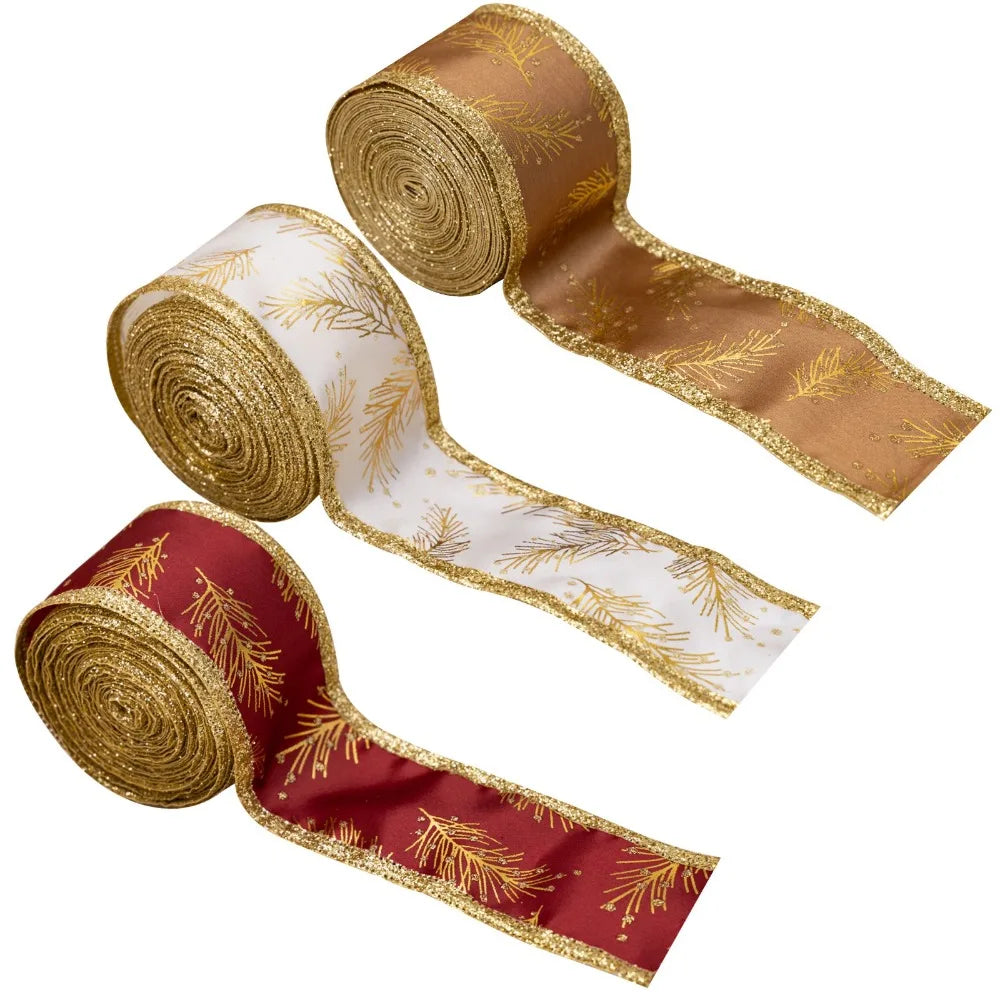 5M Gold Wired Christmas Ribbon – Leaves Pattern Xmas Décor Christmas Wired Ribbon Axl