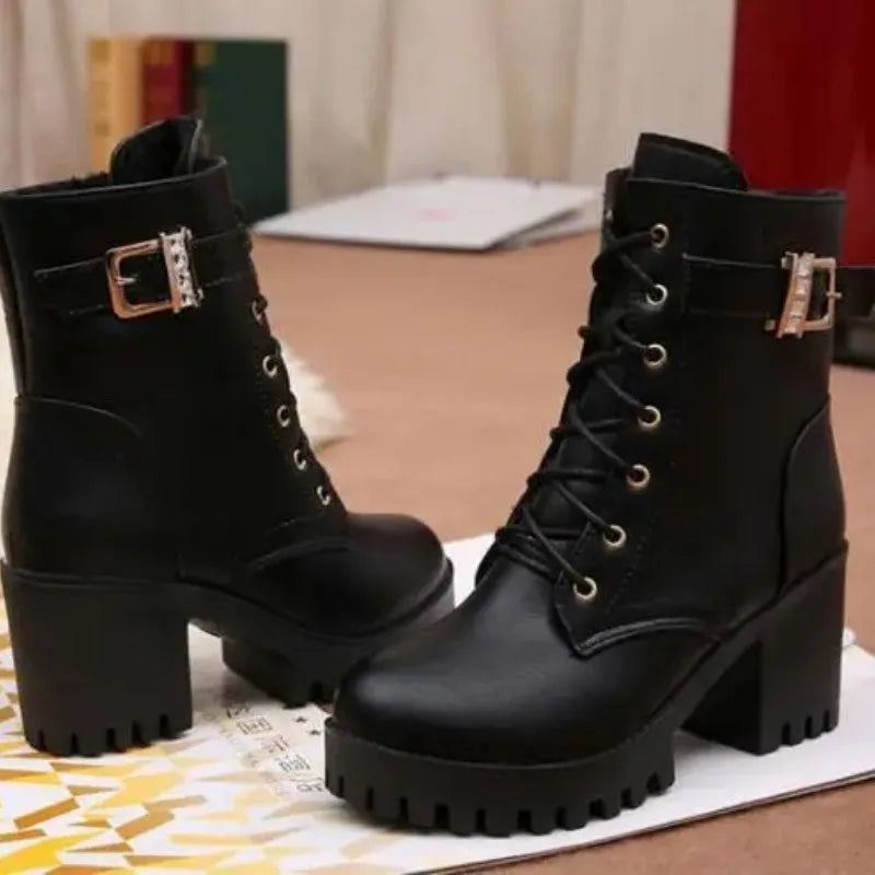 Women's Waterproof Lace-Up Ankle Boots | Platform Square Heel Women's Ankle Boots Axl