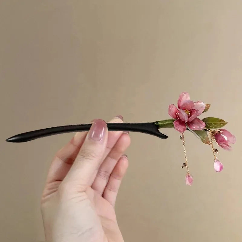 Floral Hair Stick – Chinese Style Pink Flower Tassel Hairpin Floral Hair Stick Axl