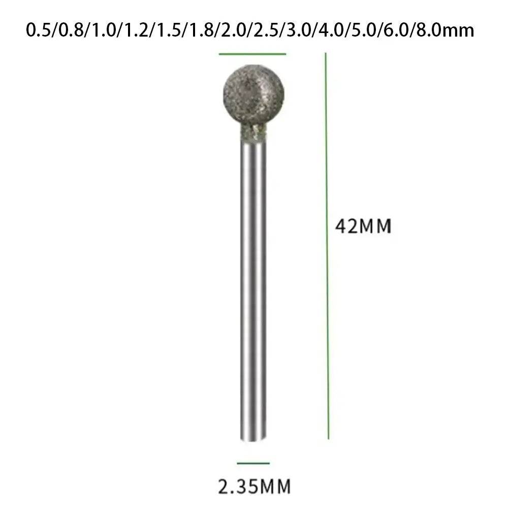 5-Pc Diamond Spherical Burr Set – 2.35mm Shank, 0.5–8mm Diamond Grinding Burr Axl