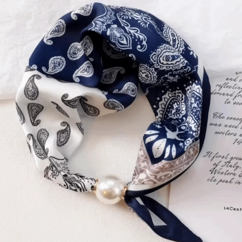 Women's Printed Polyester Scarf – Pearl & Magnetic Buckle Fashion Scarf Axl Dark Blue White