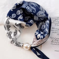 Women's Printed Polyester Scarf – Pearl & Magnetic Buckle Fashion Scarf Axl Dark Blue White