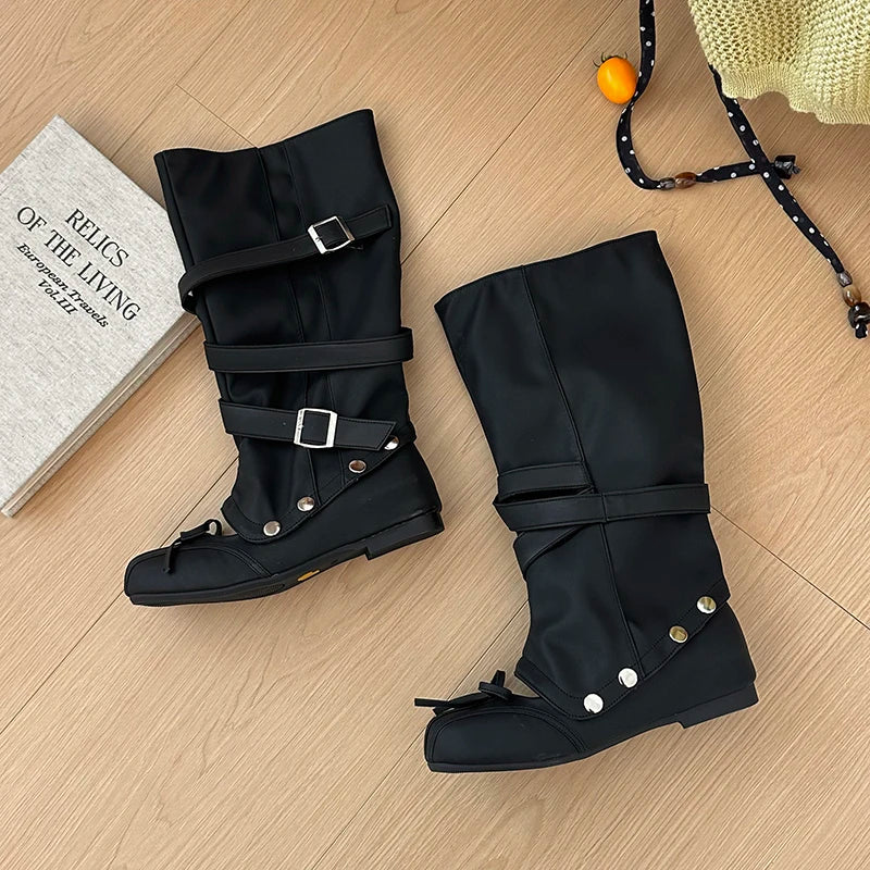 Y2K Knee-High Flat Boots – Double Buckle Bow Slip-On Booties Knee-High Flat Boots Axl black 35