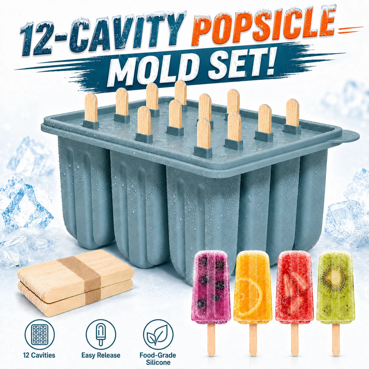 12-Cavity Silicone Popsicle Molds Set with 50 Sticks | Ice Pop Maker Ice Pop Mold Set Axl