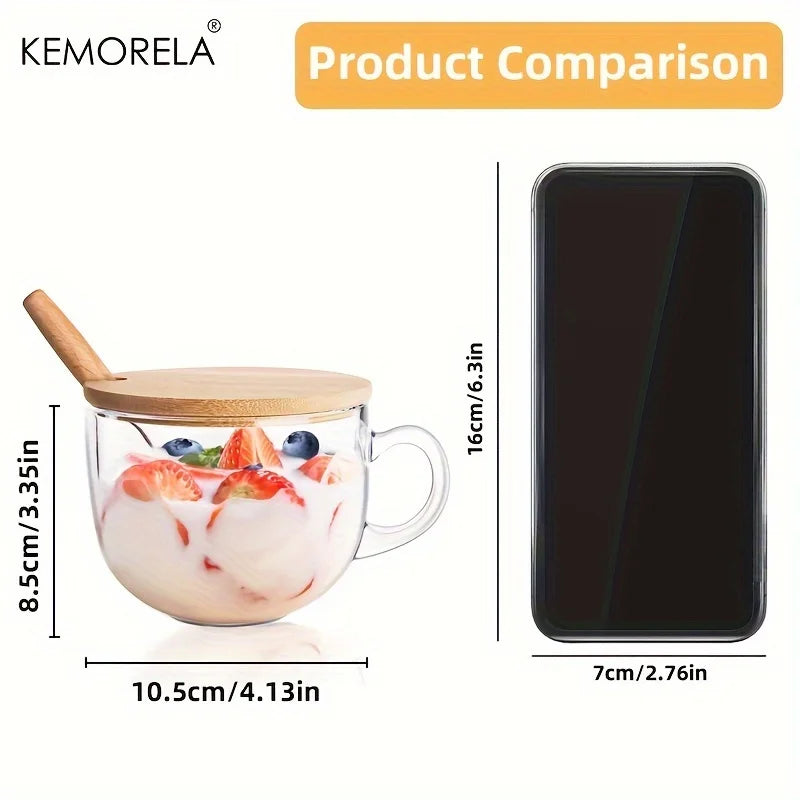 KEMORELA 400ml Glass Overnight Oats Cup with Lid & Spoon Glass Breakfast Cup Axl