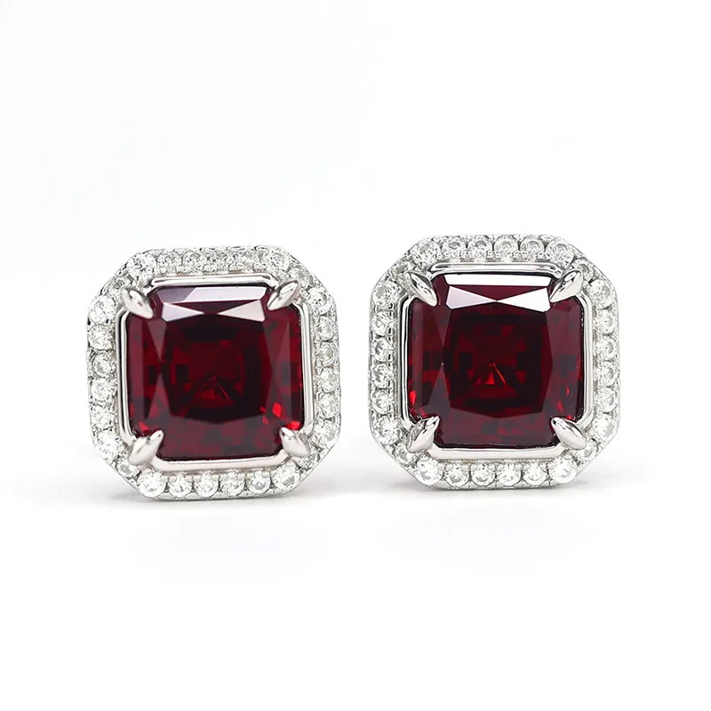 Huitan Red Cubic Zirconia Square Stud Earrings | Silver Tone Stud Earrings Axl E2623