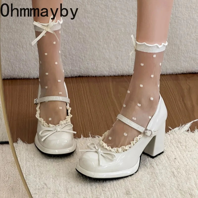 Butterfly-Knot Mary Jane Chunky Heel Pumps | Women's Dress Shoes Mary Jane Pumps Axl