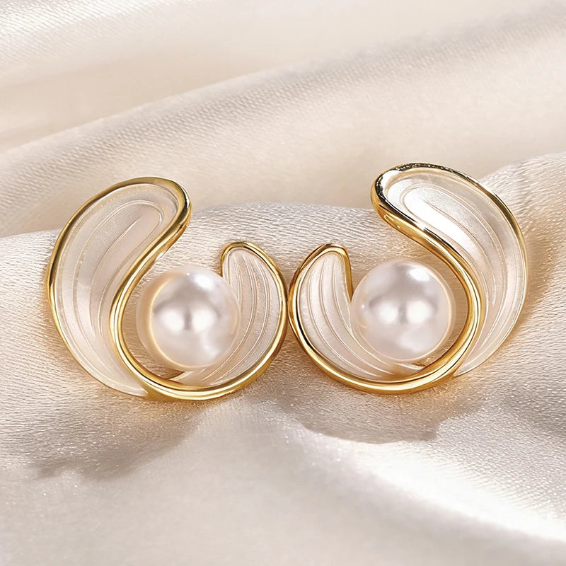 Huitan White Enamel Gold Stud Earrings | Geometric Fashion Stud Earrings Axl