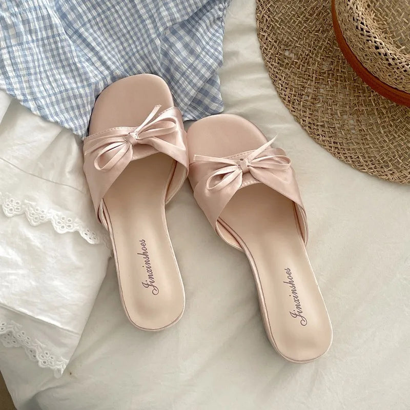 Women's Satin Wedge Slippers – Butterfly-Knot Party Slide Wedge Slide Slippers Axl Nude 39