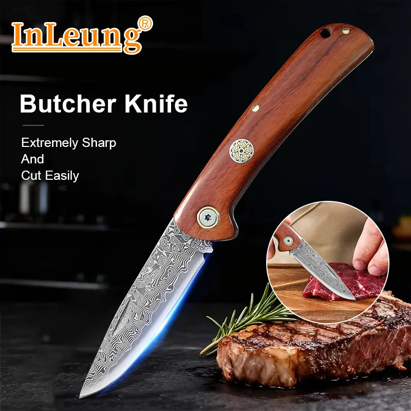 Damascus Steel Folding Knife – Red Sandalwood Handle, 8" Blade Folding Kitchen Knife Axl