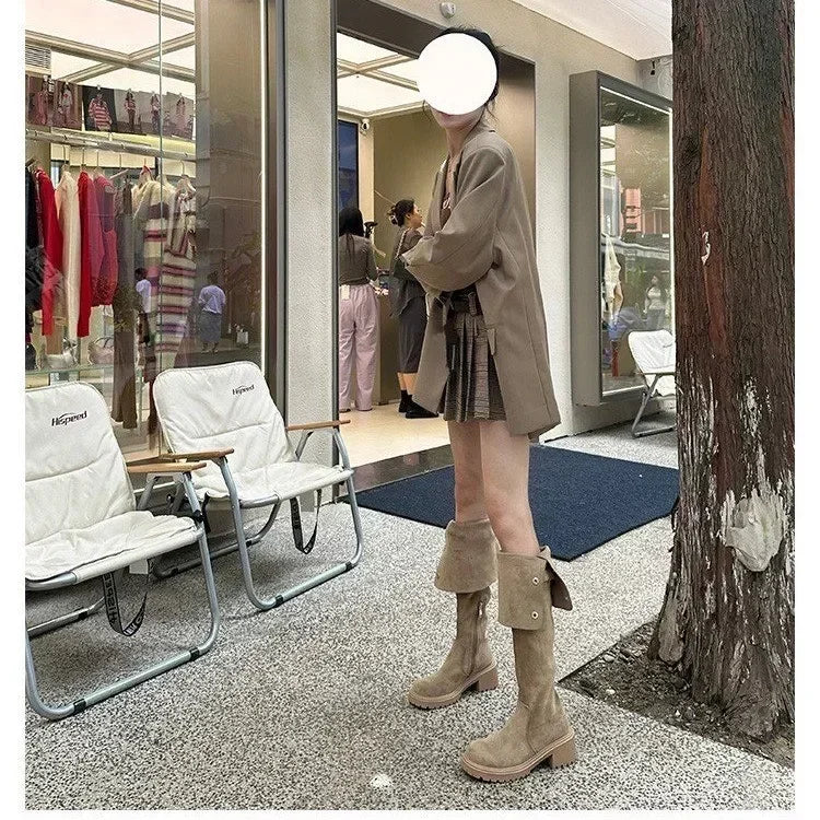 Women's Over-The-Knee Suede Wedge Platform Cowboy Boots Over-The-Knee Boots Axl Apricot 35