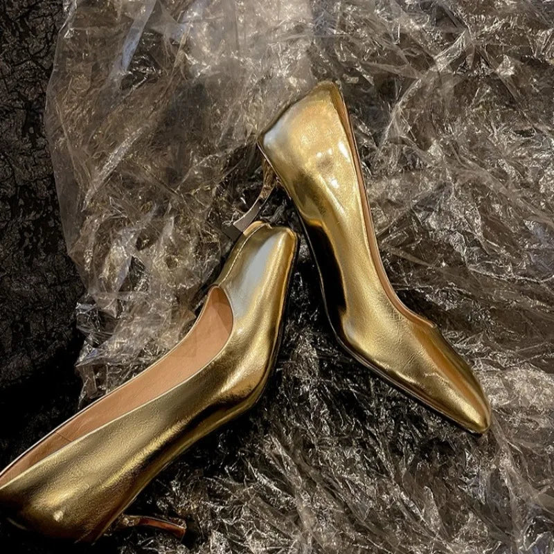 Women's Gold Silver Square Toe Stiletto Pumps | Party Heels Stiletto Pumps Axl