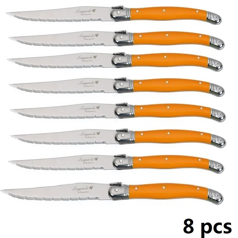8-Piece Rainbow Laguiole Steak Knife Set – Stainless Steel Steak Knife Set Axl 8pcs Orange