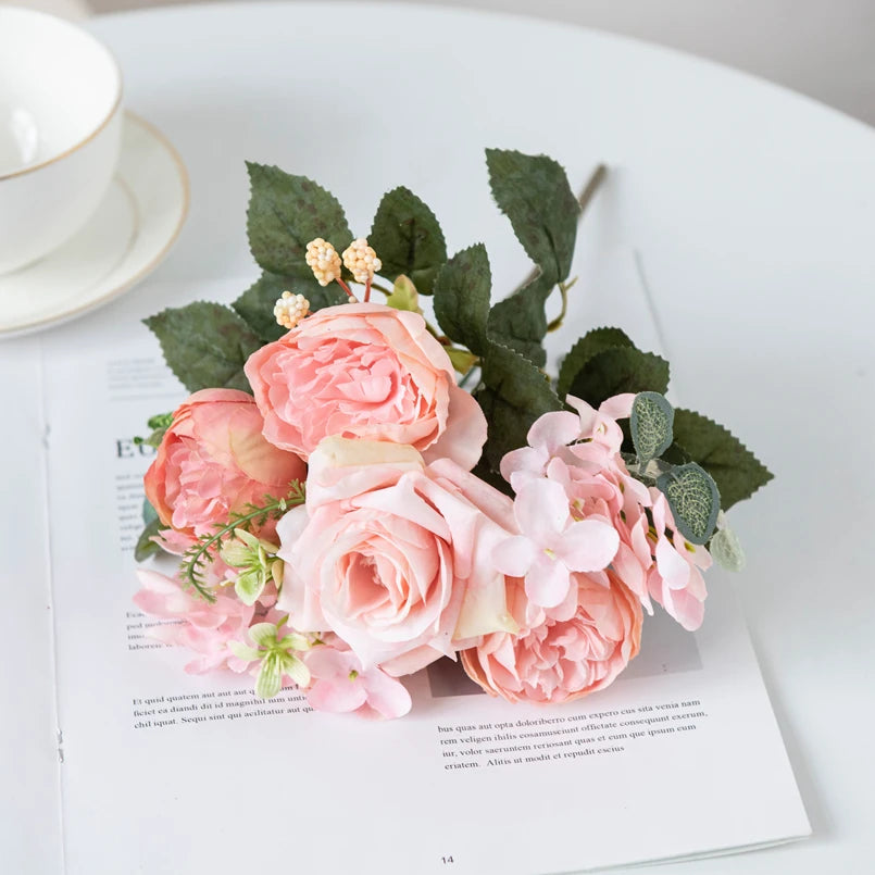 Silk Artificial Hydrangea & Rose Bouquet | Wedding & Home Decor Artificial Flower Bouquet Axl Pink 1 pc