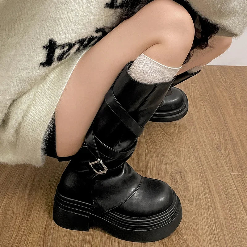 Women's Knee-High Knight Boots – Vintage Block Heel Slip-On Knee-High Boots Axl