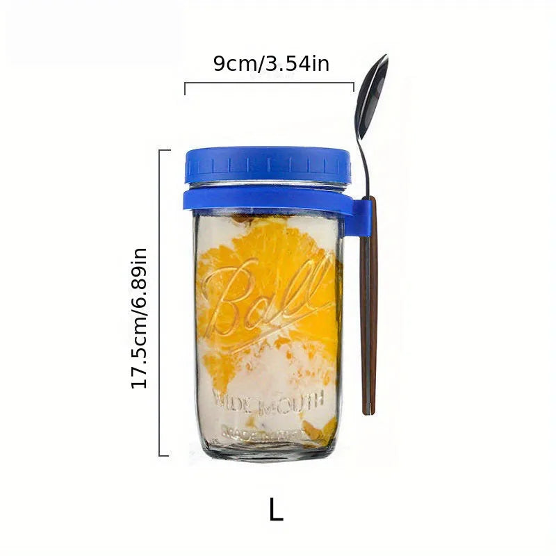 KEMORELA Overnight Oats Glass Cup with Spoon | Mason Tumbler Glass Meal Prep Cup Axl Blue-L