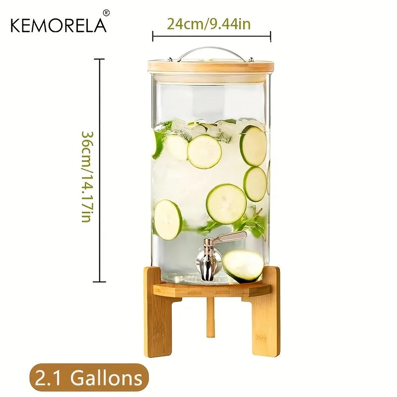 5L Glass Beverage Dispenser with Wood Stand & Spigot | KEMORELA Beverage Dispenser Axl