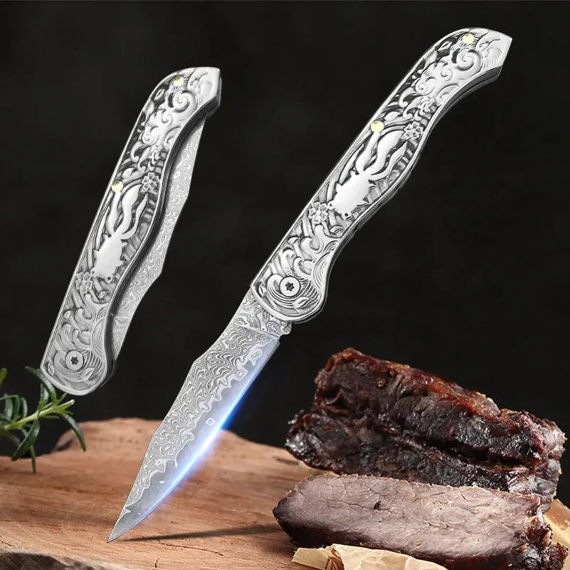 InLeung Damascus Steel Folding Kitchen Knife – 8" Multipurpose Folding Kitchen Knife Axl