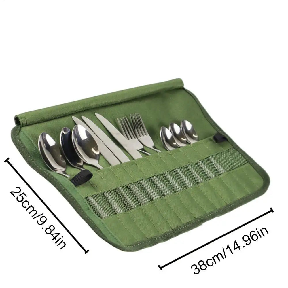 Outdoor Cutlery Roll-Up Bag – 13-Pocket Travel Pouch Cutlery Roll Bag Axl Army Green