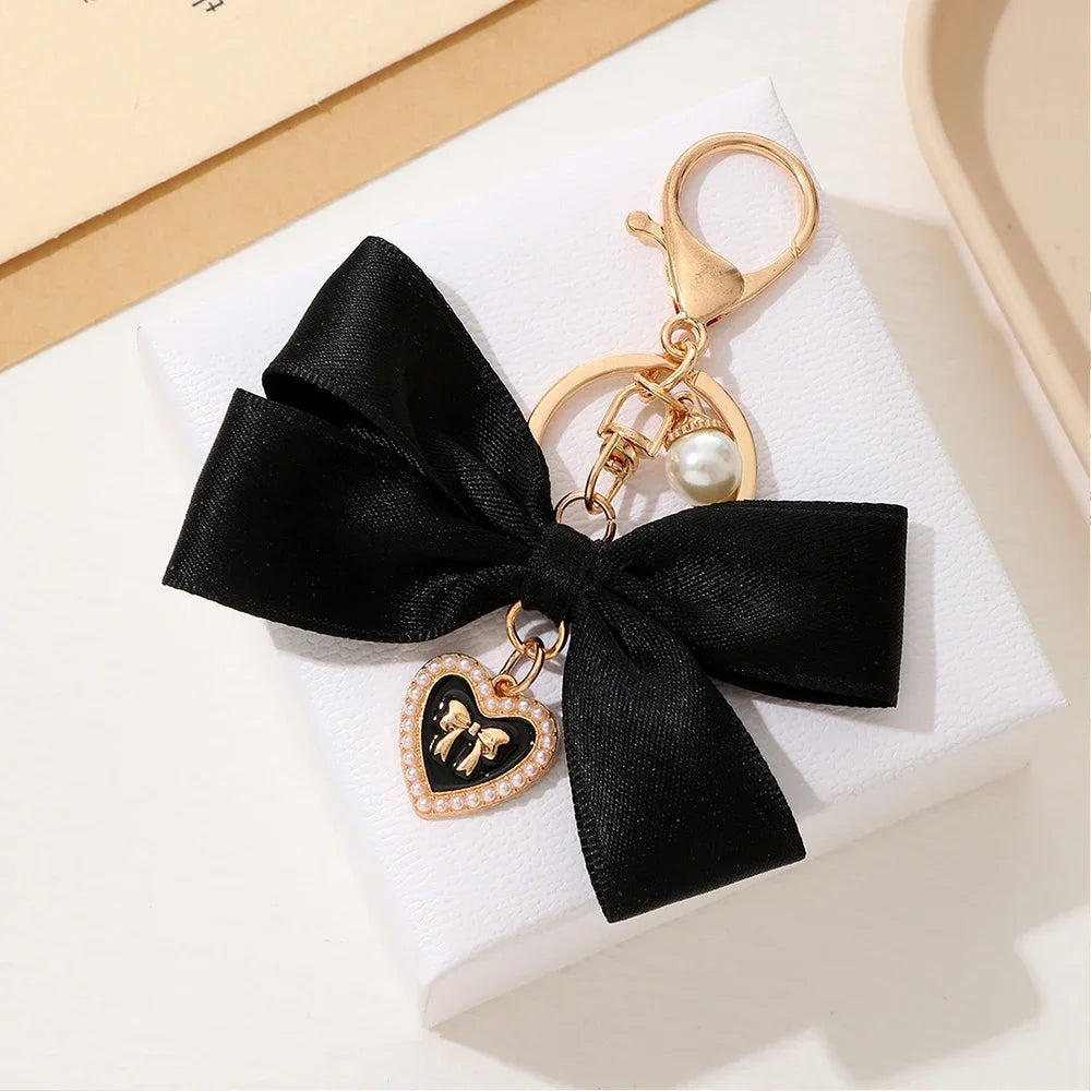 Imitation Pearl Keychain Ribbon Bowknot Bag Charm for Women Fashion Keychain Axl black 1pc