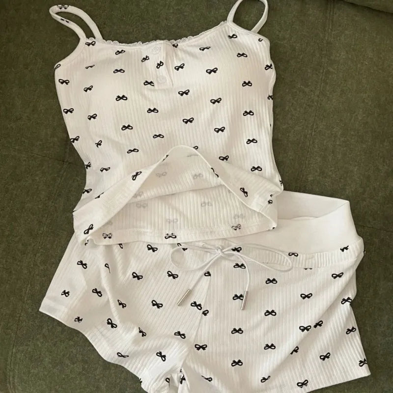 Women's Bow Tie Camisole Pajama Set – Vest & Shorts 2 Piece Women's Pajama Set Axl