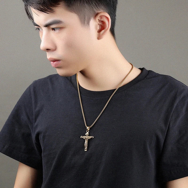 Men's Silver Cross Crucifix Pendant Necklace – Link Chain Cross Pendant Necklace Axl