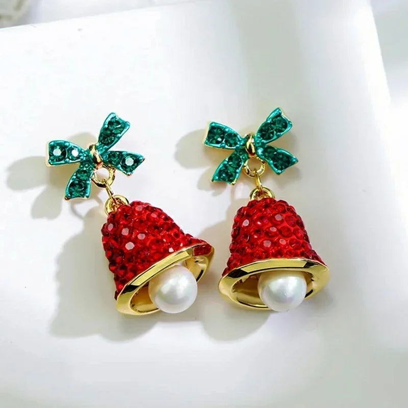 Zircon Christmas Tree Drop Earrings – Bowknot Pearl Bell Drop Earrings Axl A