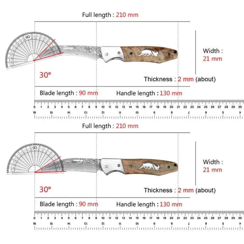 InLeung Damascus Steel Folding Knife – Wood Handle | 9cm Blade Folding Kitchen Knife Axl