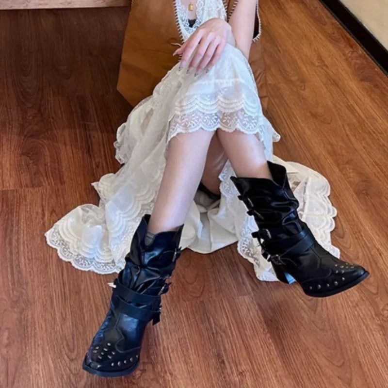 Women's Rivet Block Heel Mid-Calf Boots | Pointed Toe Buckle Women's Mid-Calf Boots Axl