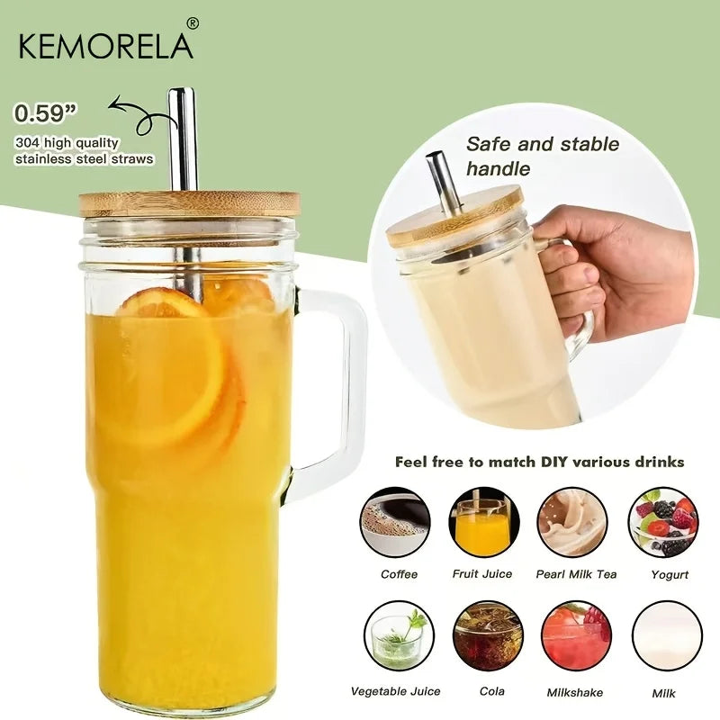 KEMORELA 700ml Glass Cup with Wooden Lid & Straw | Set of 1/2/4 Glass Cup Set Axl