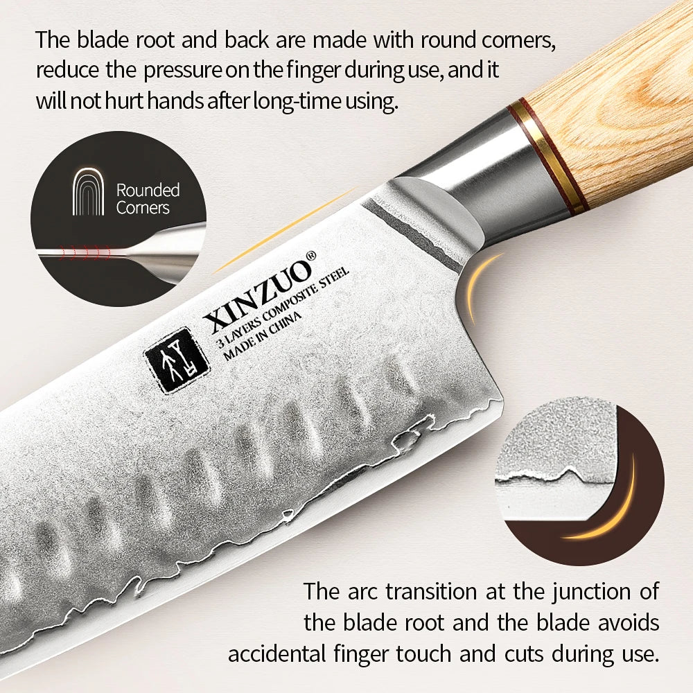 XINZUO 7" Santoku Knife | 3-Layer Steel & Pakkawood Handle Santoku Knife Axl