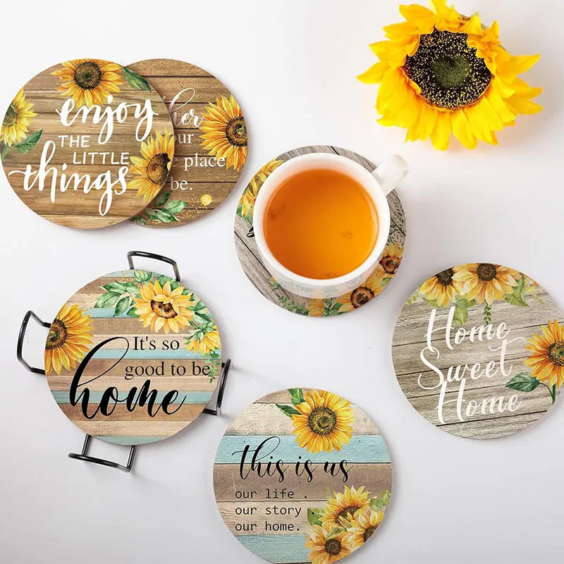 6-Piece Vintage Sunflower Drink Coasters Set with Holder Drink Coasters Set Axl
