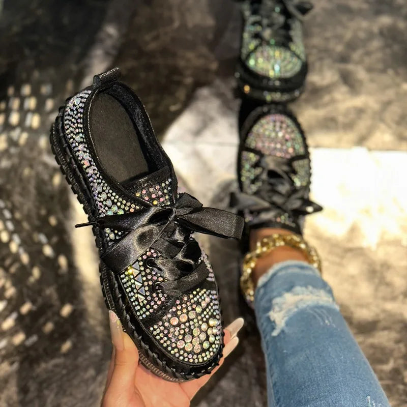 Women's Rhinestone Flat Sneakers – Luxury Casual Trainers Flat Sneakers Axl
