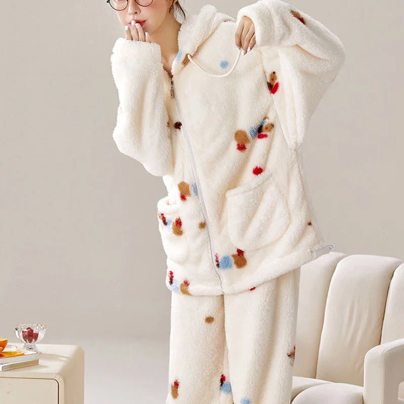 Women's Hooded Cartoon Pajama Set – Warm Fleece 2-Piece Homewear Women's Pajama Set Axl Beige L