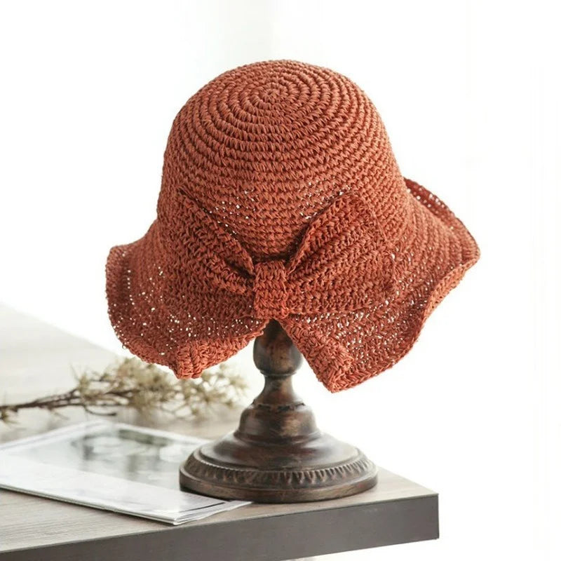 Women's Wide Brim Foldable Straw Beach Sun Hat with Bowknot Straw Sun Hat Axl 3