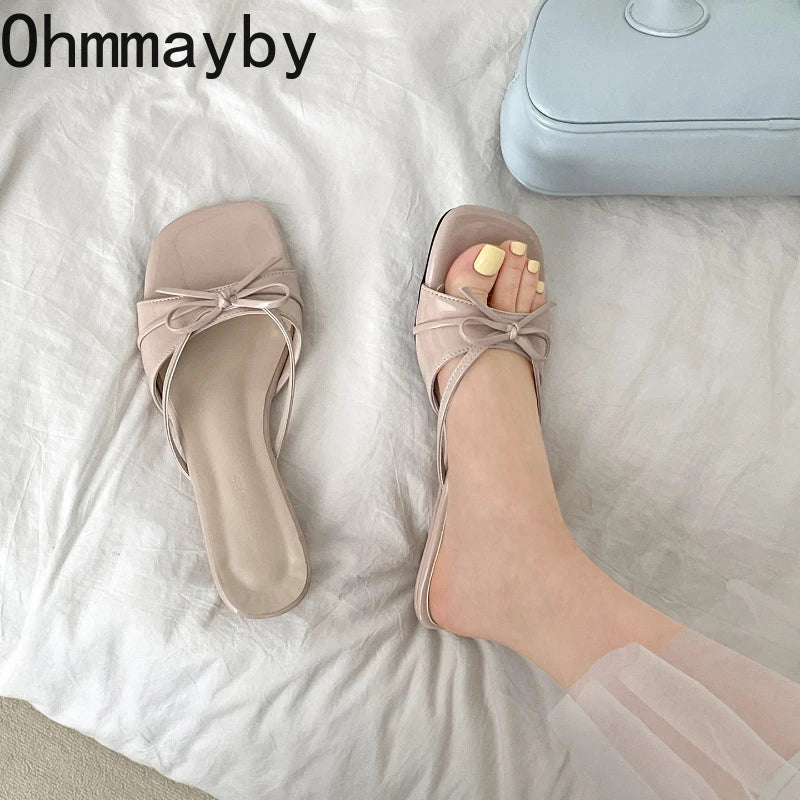Women's Low Heel Butterfly-Knot Open Toe Slide Slippers Women's Slide Slippers Axl