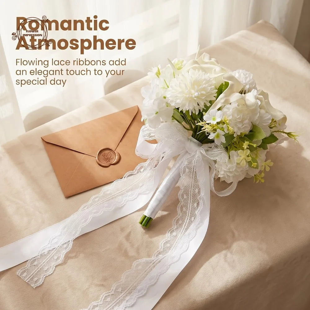 White Calla Lily Hydrangea Bridal Bouquet | Lace Ribbon Artificial Bridal Bouquet Axl