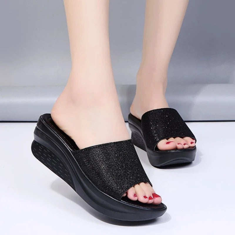 Women's Sequin Wedge Platform Sandals – Plus Size Beach Slides Wedge Platform Sandals Axl black 41