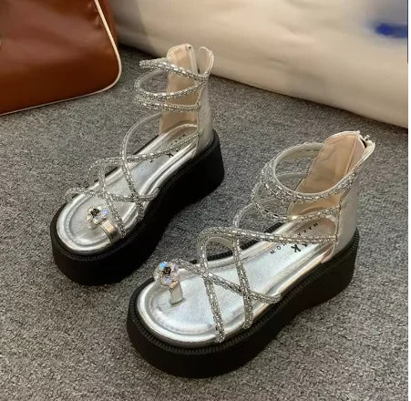 Women's Roma Wedge Platform Sandals – Rhinestone Flower Heels Platform Wedge Sandals Axl Silver 40