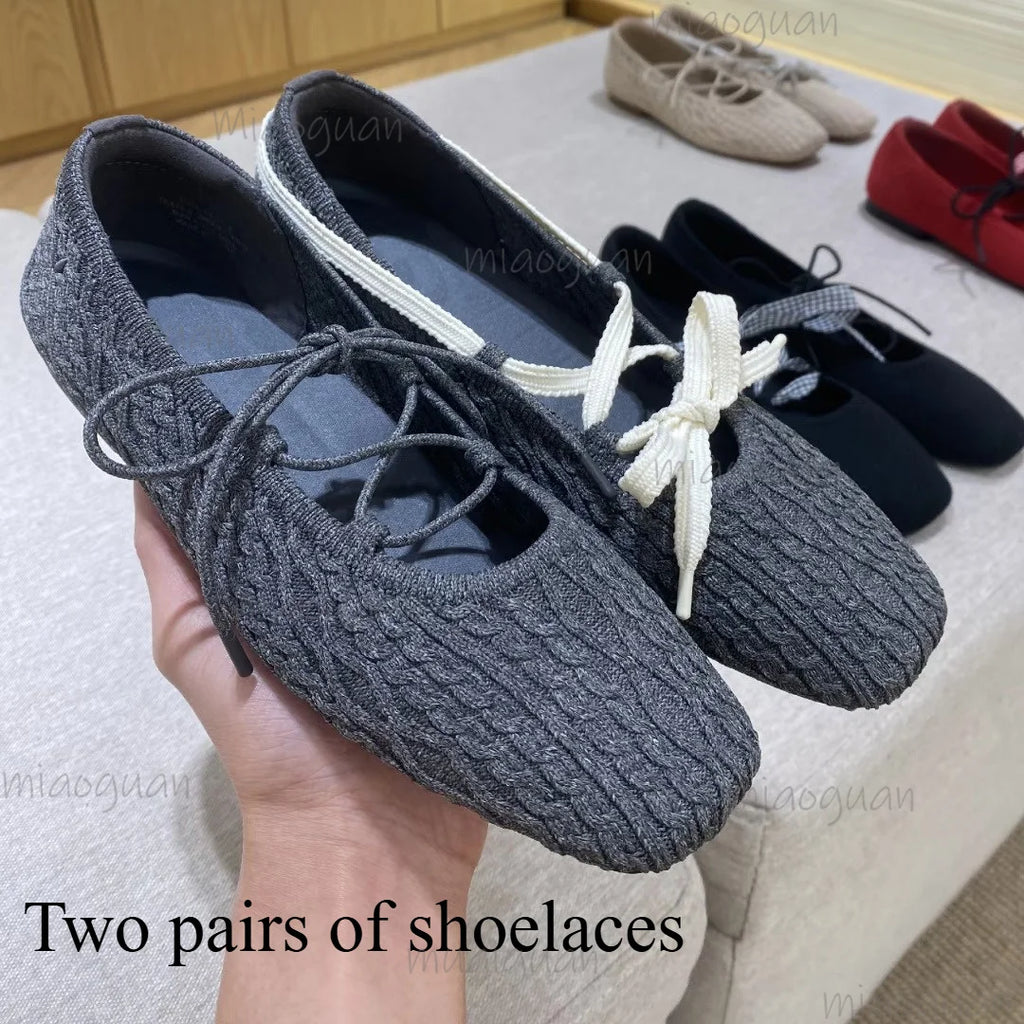 Women's Knit Ballet Flats – Square Toe Cross Strap Lace-Up Ballet Flats Axl
