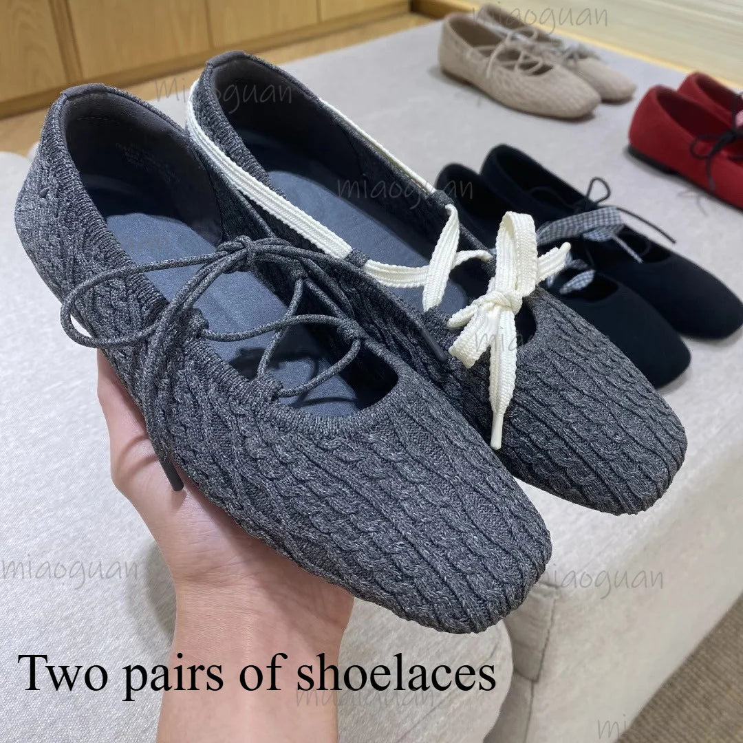 Women's Knit Ballet Flats – Square Toe Cross Strap Lace-Up Ballet Flats Axl