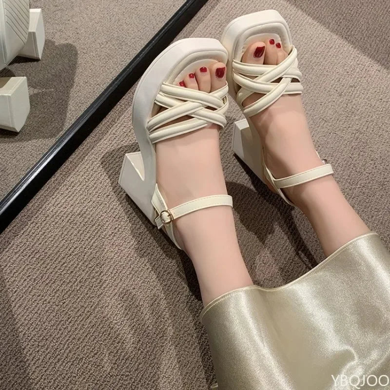 Women's Peep Toe Block Heel Buckle Sandals – Platform Style Block Heel Sandals Axl