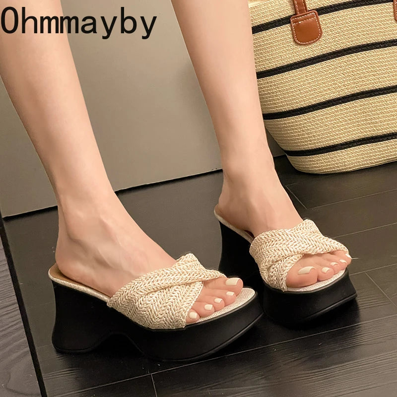 Women's Woven Platform Wedge Sandals – Open Toe Slides Platform Wedge Sandals Axl