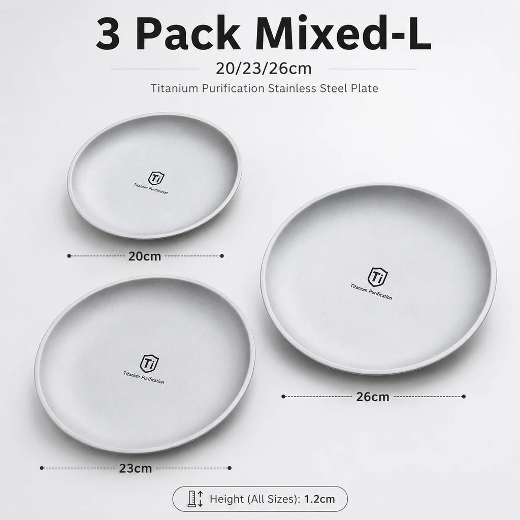 Titanium Stainless Steel Camping Plate Set – Stackable 3/5 Pack Camping Plate Set Axl 3 Pack Mixed-L