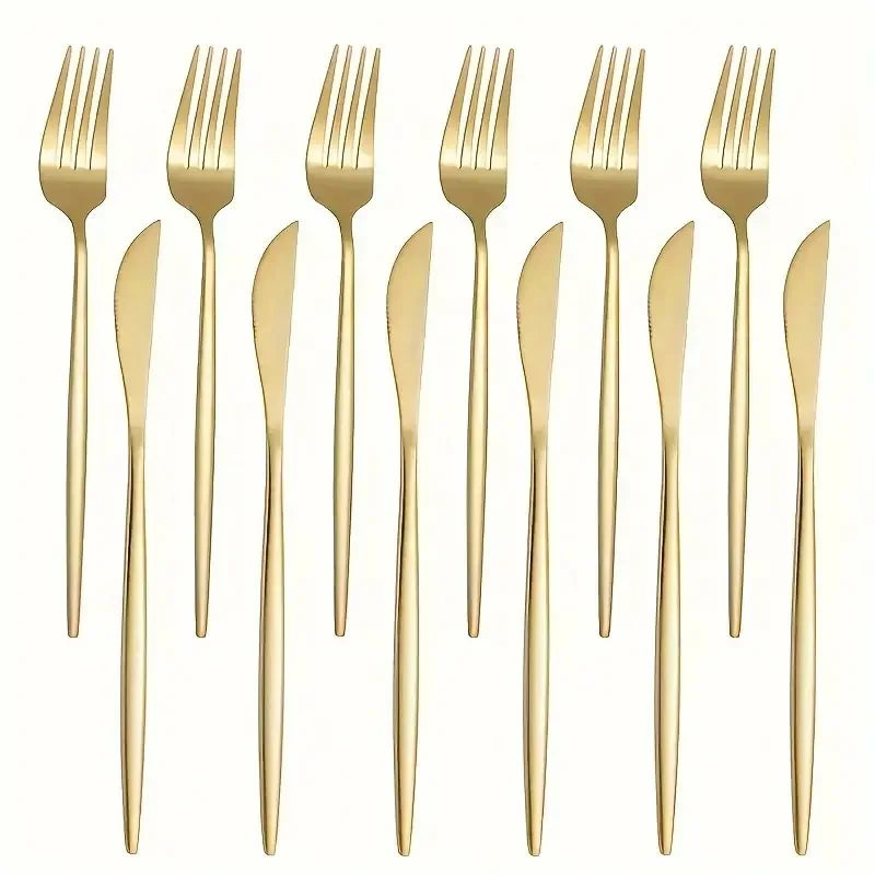 12-Piece Gold Stainless Steel Flatware Set – Knife & Fork Flatware Set Axl 12pcs