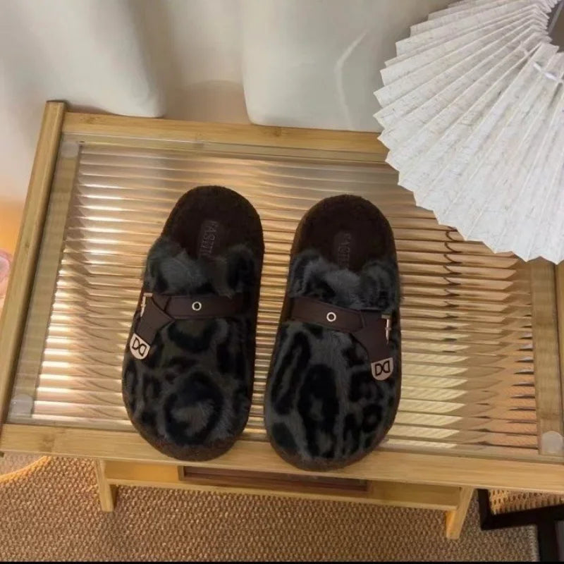 Women's Leopard Chunky Plush Slippers – Cozy Indoor Slide Plush Indoor Slippers Axl