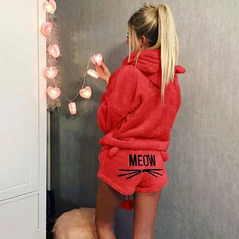 Women's Coral Velvet Hoodie Pajama Set – Cute Cat Print Pajama Set Axl