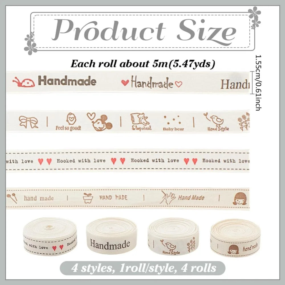 4 Rolls Printed Cotton Ribbon – Vintage Gift Wrapping Styles Decorative Craft Ribbon Axl