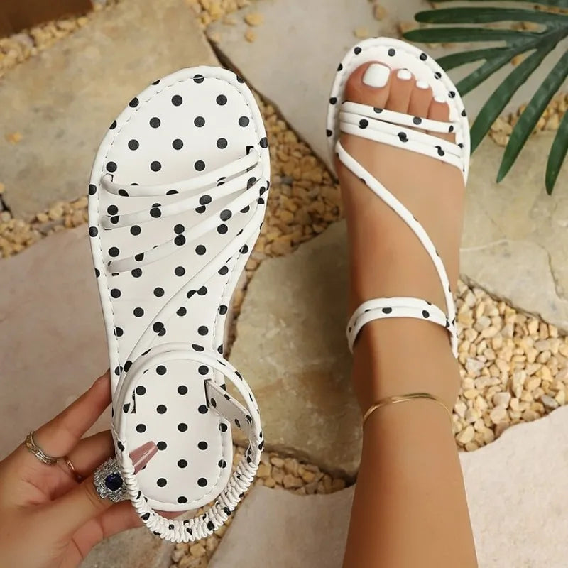 Retro Dot Print Flat Sandals – Women's Strappy Elastic Back Strap Flat Sandals Axl